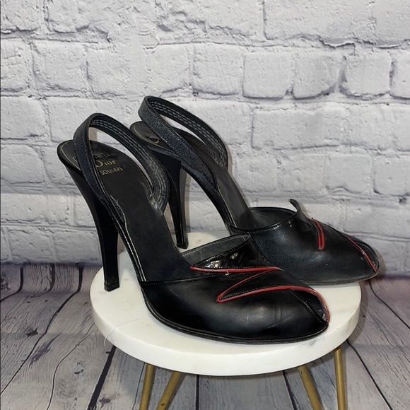 Christian Dior Vintage 90’s Souliers Black and Red Slingback Heels sz6 - Picture 1 of 7